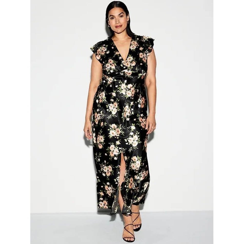 Old Navy Floral Satin Midi Dress Women XXL Black V-Neck Flutter Sleeve Occasion